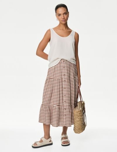 Checked Button Front Midi Skirt